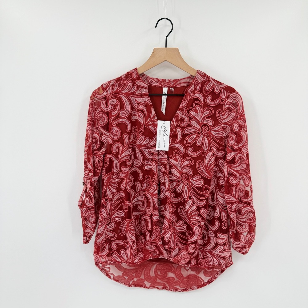NWT Bohemian Blouse Size S Paisley Swirl Embroidered Sheer Mesh Overlay Layered